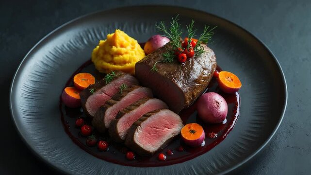 Contemporary take on traditional back filet slow-cooked with berries and sauce served with carrot puree and potato, showcased from a top view on an artistic plate