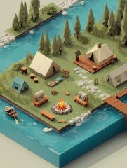 Isometric Camping Ground Featuring Tents, Bonfire, and Tranquil Lake Surrounded by Trees in a Vibrant Natural Setting Generative AI