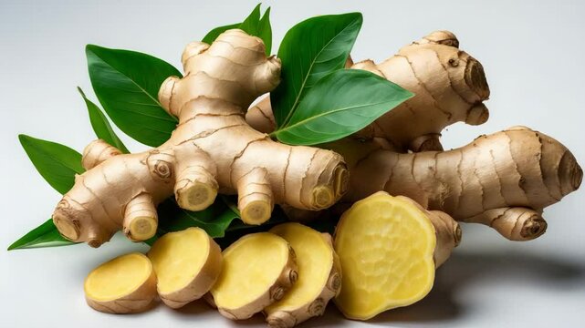 Close-up of fresh ginger rhizome with green leaves, sliced in half and isolated on a background