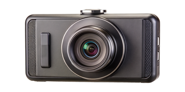Close up of a modern black dashboard camera for vehicle use