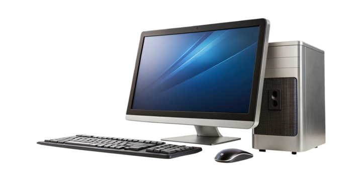 Sleek Modern Desktop Computer Setup with Tower, Monitor, Keyboard and Mouse