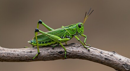Green grasshopper on dry branch – macro shot