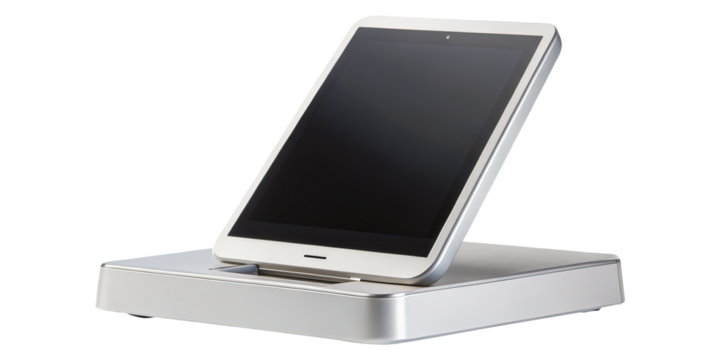 Silver Tablet Computer Resting in a Sleek Charging and Synchronization Dock