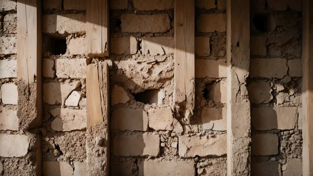 Close-up of a weathered wall for texture or backdrop. Detailed footage of an aged muddy wall. Background video showcasing a brick structure. Intimate perspective of an old.