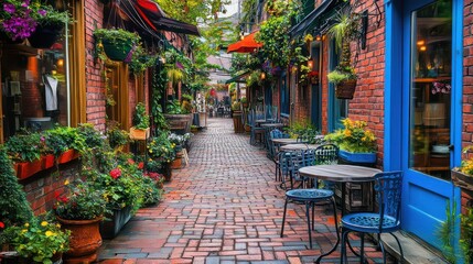 Fototapeta premium Quaint city alleyway with outdoor cafes