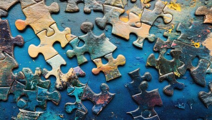Scattered puzzle pieces, various colors, on a deep blue surface.  Many pieces are partially painted, creating a vibrant, chaotic, and incomplete image