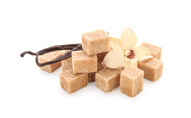 Cubes of sweet vanilla sugar on white background