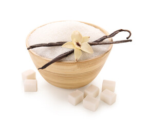 Bowl of sweet vanilla sugar on white background
