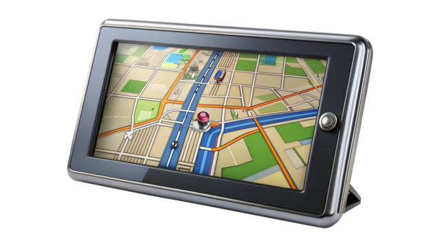 Close up view of a GPS navigation system device display screen