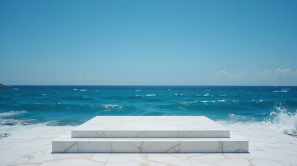 A solitary white marble platform stands against a backdrop of clear blue skies and rolling azure waves, a testament to the beauty and grandeur of nature's coastal landscape