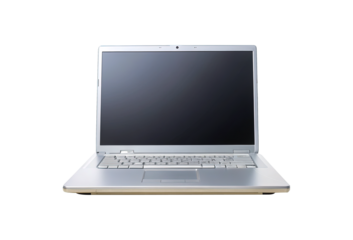 Front view of a silver laptop with black screen on white background