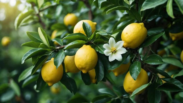 Mature lemons hanging on the tree