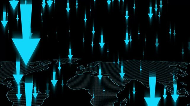 Glowing Arrows Over World Map Indicating Global Decline Animation