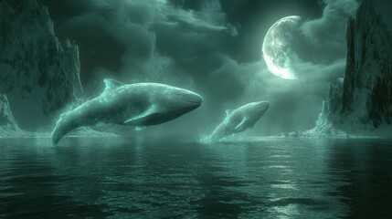 Naklejka premium Two ethereal whales leap through a mystical arctic night.