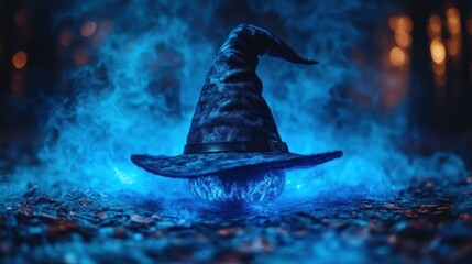 Witch hat on glowing orb in mystical forest