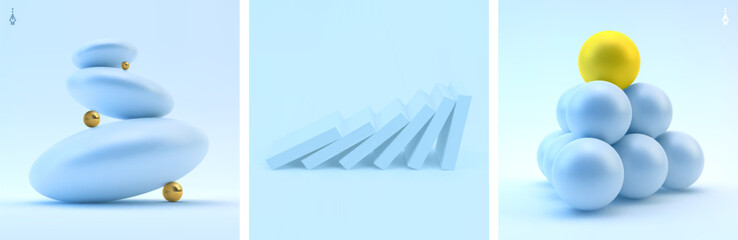 Spa stones standing in a stack. Business concept on growth, development and sustainability. Composition of blue balls accentuated with gold beads. Vector for advertising, presentation, cover, etc.