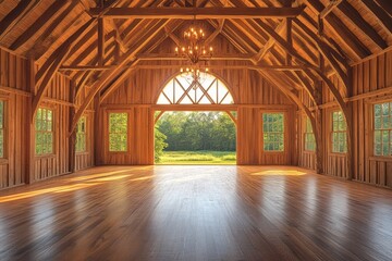 Fototapeta premium Spacious wooden barn interior with expansive view.
