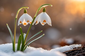 Snowdrop Serenity: Delicate snowdrop flowers emerge from the snow, their pristine white petals kissed by the soft light of the sun, symbolizing renewal, hope, and the resilience of life.