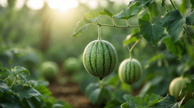 Cantaloupe melon growing in the sunlight.