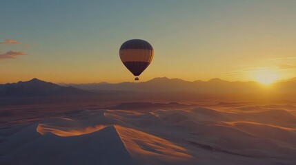 Sunrise over a desert landscape with a hot air balloon.
