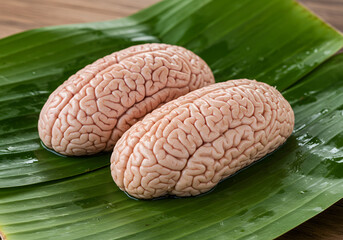 Fototapeta premium Close-up of Two Raw Animal Brains on a Fresh Banana Leaf, Detailed Texture and Culinary Concept