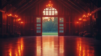 Rustic barn interior with open doors to sunset view.