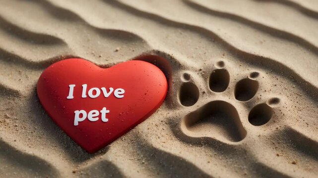 I cherish my pet message etched in the sand. Paw print and heart, design idea for pet lovers.