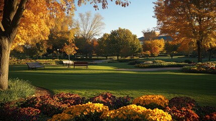 Autumn park scene, golden foliage, manicured lawn, sunny day, ideal for relaxation and inspiration, stock photo