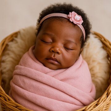 Sleeping African American Newborn Baby Girl in Basket Wrapped in Pink