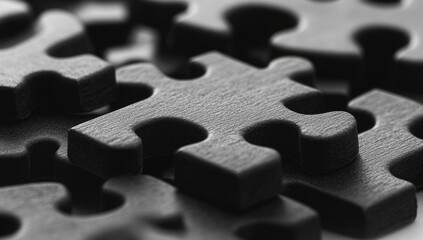 Close-up view of many dark gray puzzle pieces. Interlocking shapes, partially overlapping, suggesting a complex or challenging task