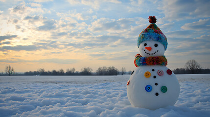 Fototapeta premium A charming snowman stands in a snowy field, dressed in a colorful hat and scarf against a cloudy sky.
