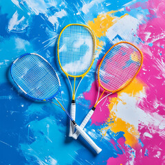 Colorful badminton rackets against vibrant splash background