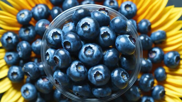 Fresh blueberries on a backdrop. The blueberries showcase a rich color and a slightly rough texture. A clear plastic container brimming with blueberries.