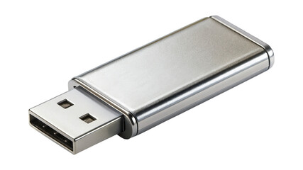 Close up of a sleek silver USB drive isolated on white background