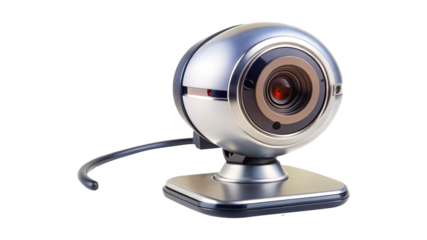 Shiny silver webcam with a rounded design and a square base