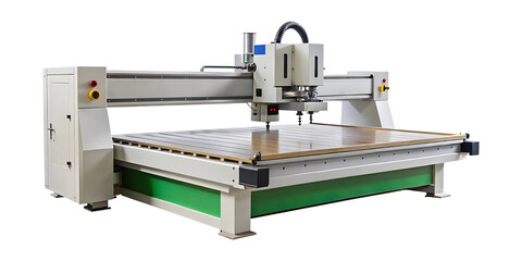 Large format CNC router machine with metal frame and brown work table
