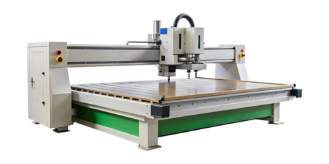 Large format CNC router machine with metal frame and brown work table