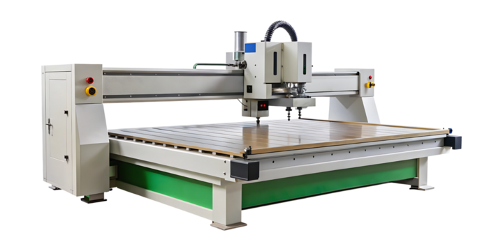 Large format CNC router machine with metal frame and brown work table