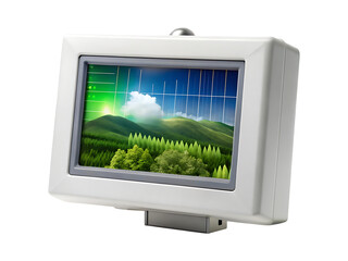 Modern monitor displaying a stylized landscape scene with grids and graphs