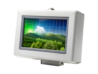 Modern monitor displaying a stylized landscape scene with grids and graphs