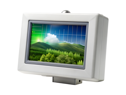 Modern monitor displaying a stylized landscape scene with grids and graphs