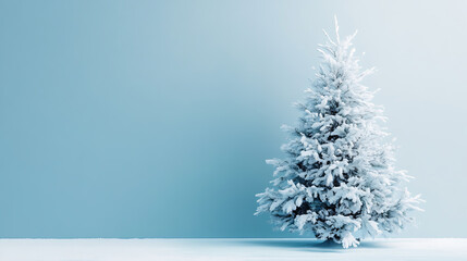 A frosted evergreen tree stands alone against a gradient blue background, evoking winter stillness.
