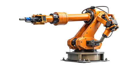 Fototapeta premium Orange Industrial Robotic Arm Isolated on White Background for Manufacturing Automation