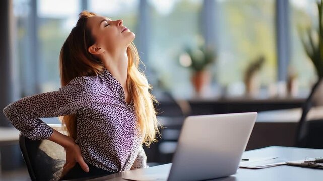 Young caucasian woman with long brown hair leaning back in discomfort while sitting at desk with open laptop, sunlight streaming through large windows in modern office