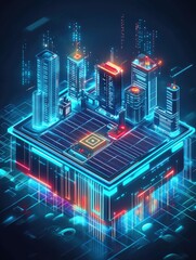 Fototapeta premium Digital city illustration with a neon blue and red color scheme depicts skyscrapers on a circuit board illuminated by data streams and digital lights