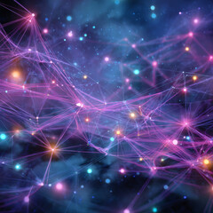 Obraz premium Vibrant network of connected lines and glowing nodes in a dynamic, futuristic design.