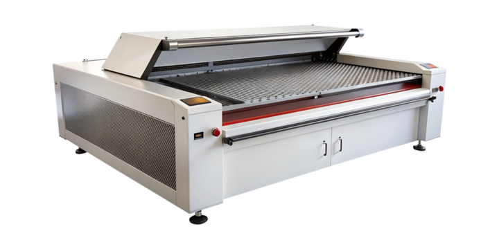 Closeup studio shot of an industrial laser engraving machine with grid table