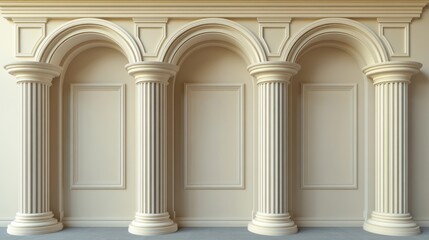 Obraz premium Three classical columns with arches on a light beige wall.