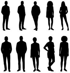 Vector silhouettes man and women, illustration. Silhouettes of young people posing in casual clothes. JPEG version.	