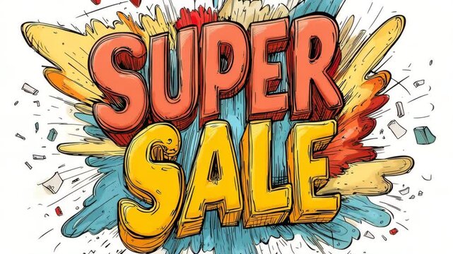 Bold red and yellow SUPER SALE text bursts out from a dynamic comic book-style explosion of blue, orange, and yellow shapes, perfect for eye-catching retail promotions